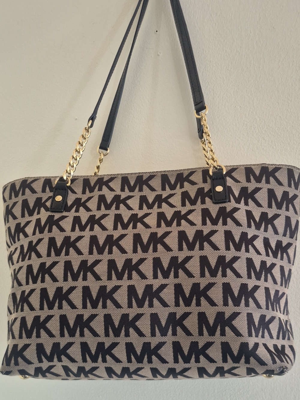 Michael Kors Tan and Black MK Signature Tote with Gold Chain Straps